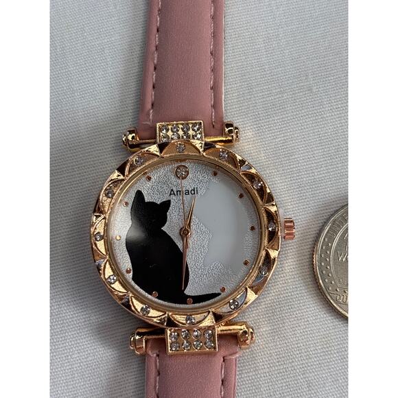 Black Cat Womens Watch Jeweled Glam Pink Band Crazy Cat Lover Lady NWT - Picture 3 of 5
